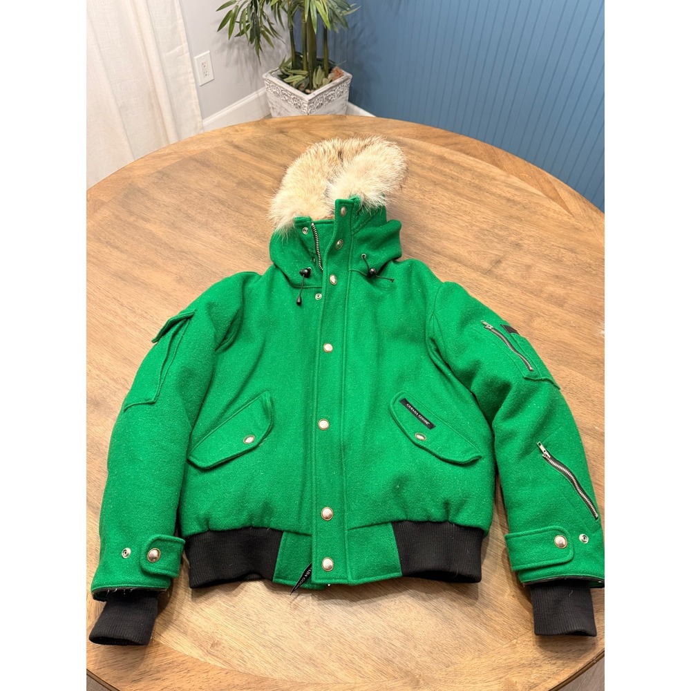 Canada Goose Chilliwack varsity Bomber Green Wool Down Fur Trim Jacket Mens Med - Picture 15 of 16